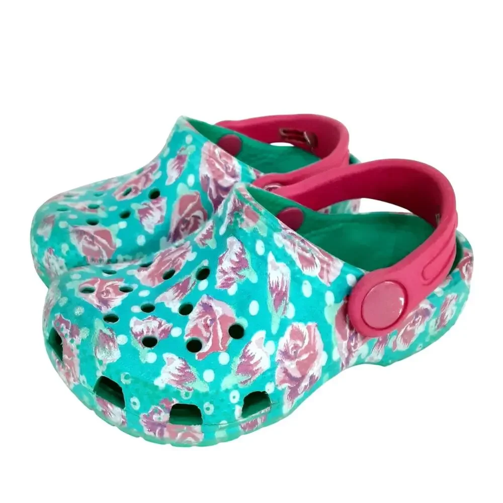 Crocs Clogs Girls 6 Rose Floral Polka Dot Blue Water Shoe Slip On Outdoor Hiking